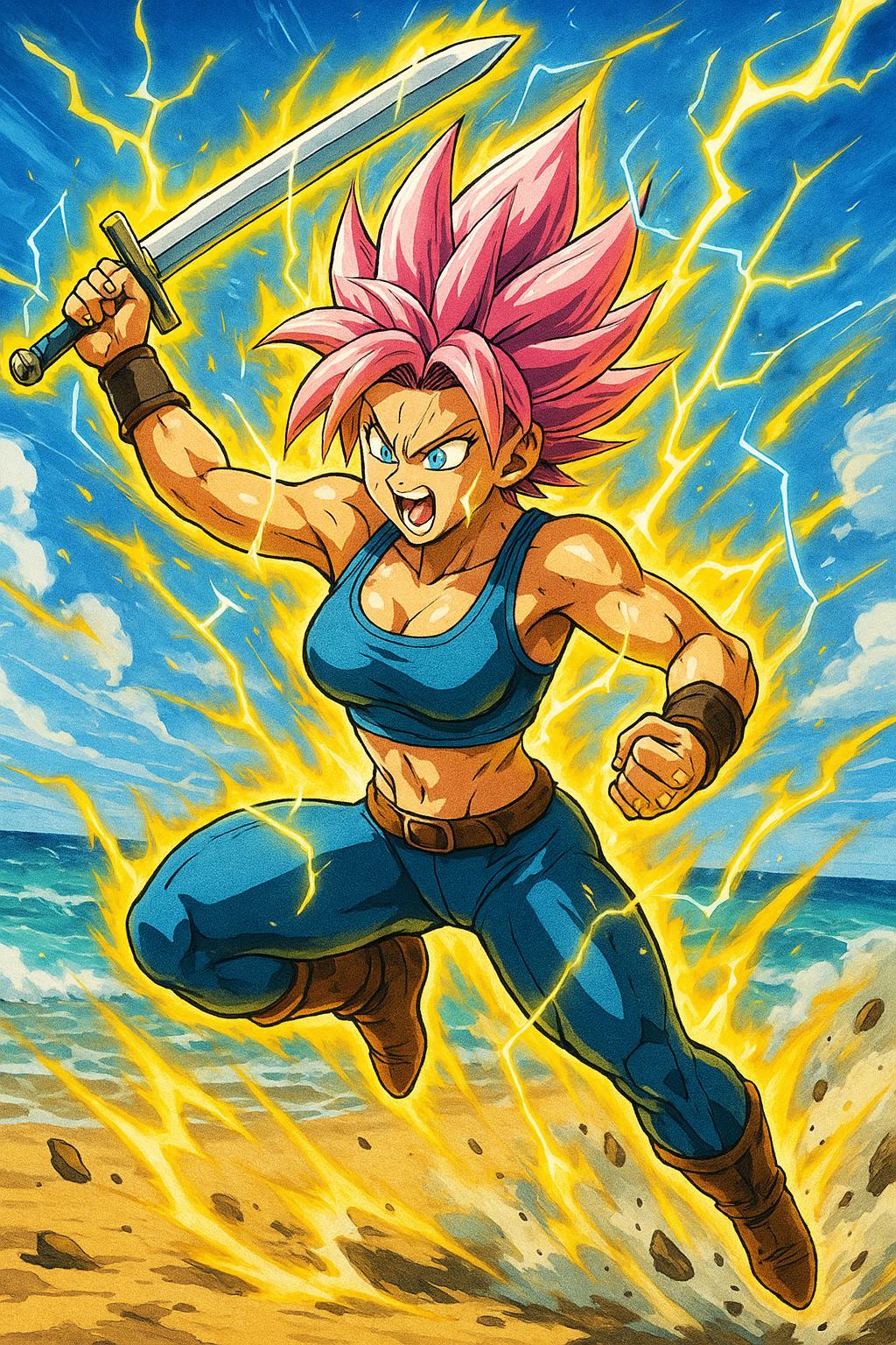 a femal warrior in the beach holding a sword