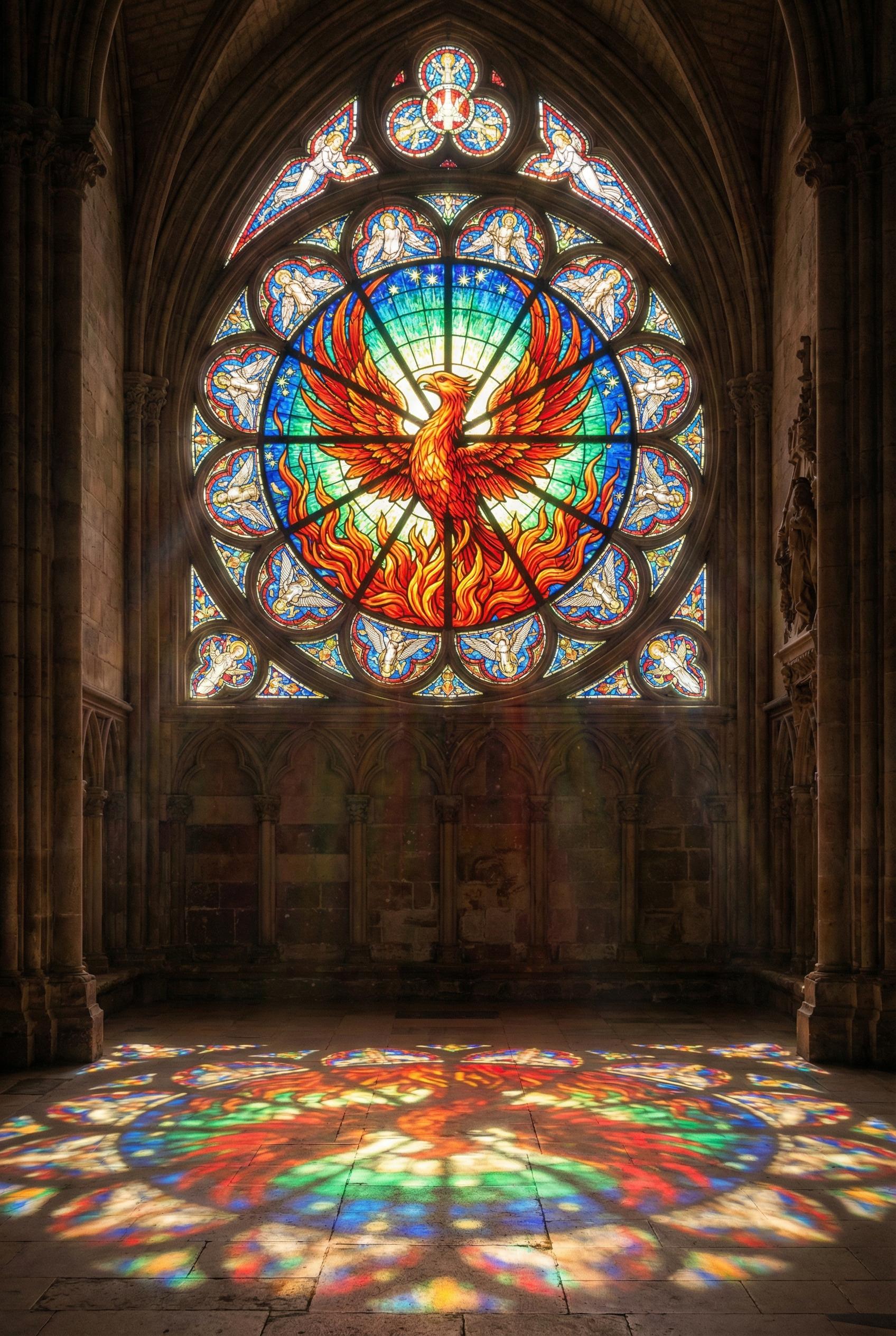 A magnificent gothic cathedral window design featuring a phoenix rising from flames, vibrant translucent colors of ruby 