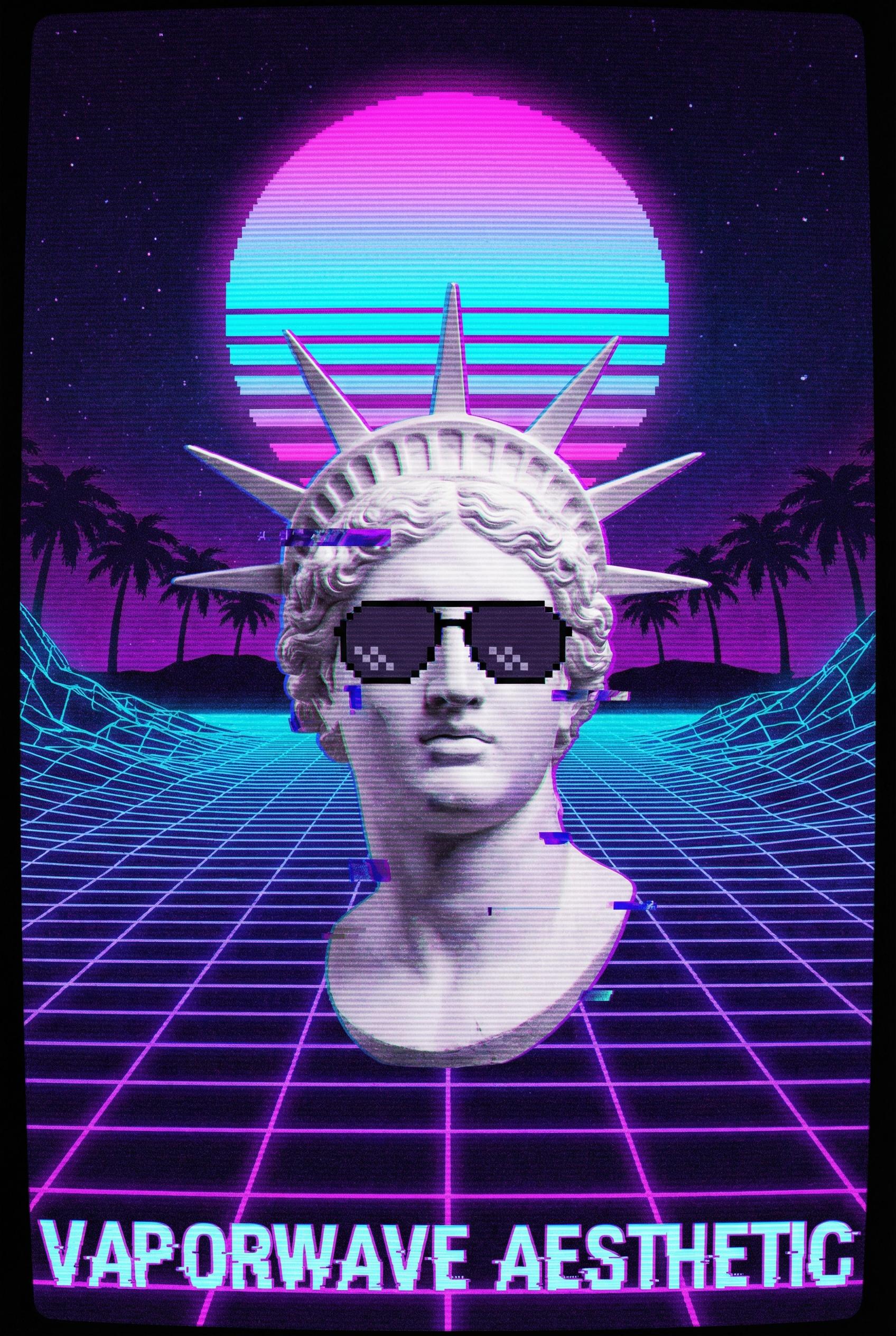 A classic vaporwave composition featuring a marble roman bust of Helios wearing sunglasses, floating against a retro 198