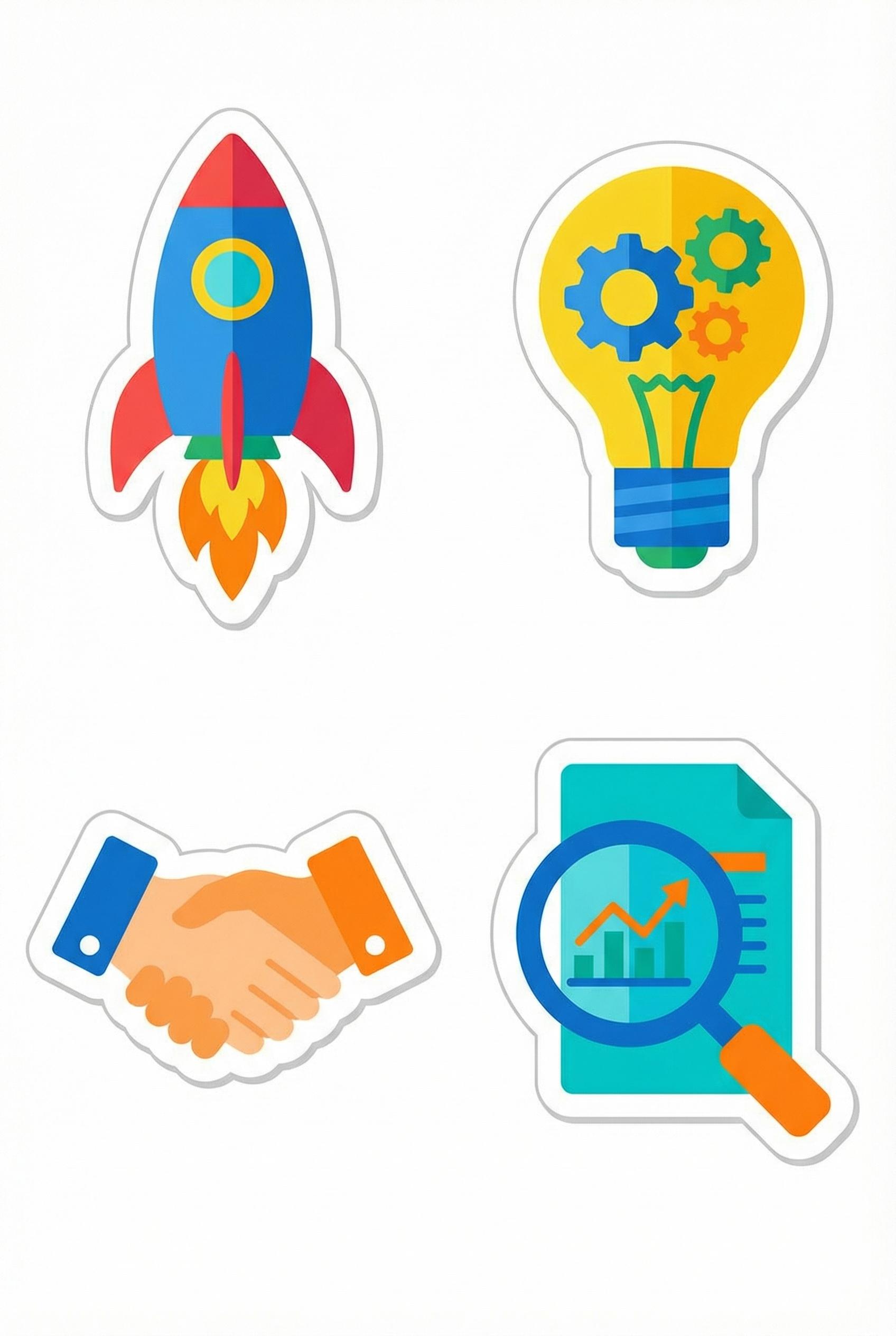 A set of flat vector icons related to business productivity: a rocket ship, a lightbulb, a handshake, and a magnifying glass, vibrant material design colors, uniform style, sticker outline, isolated on white.