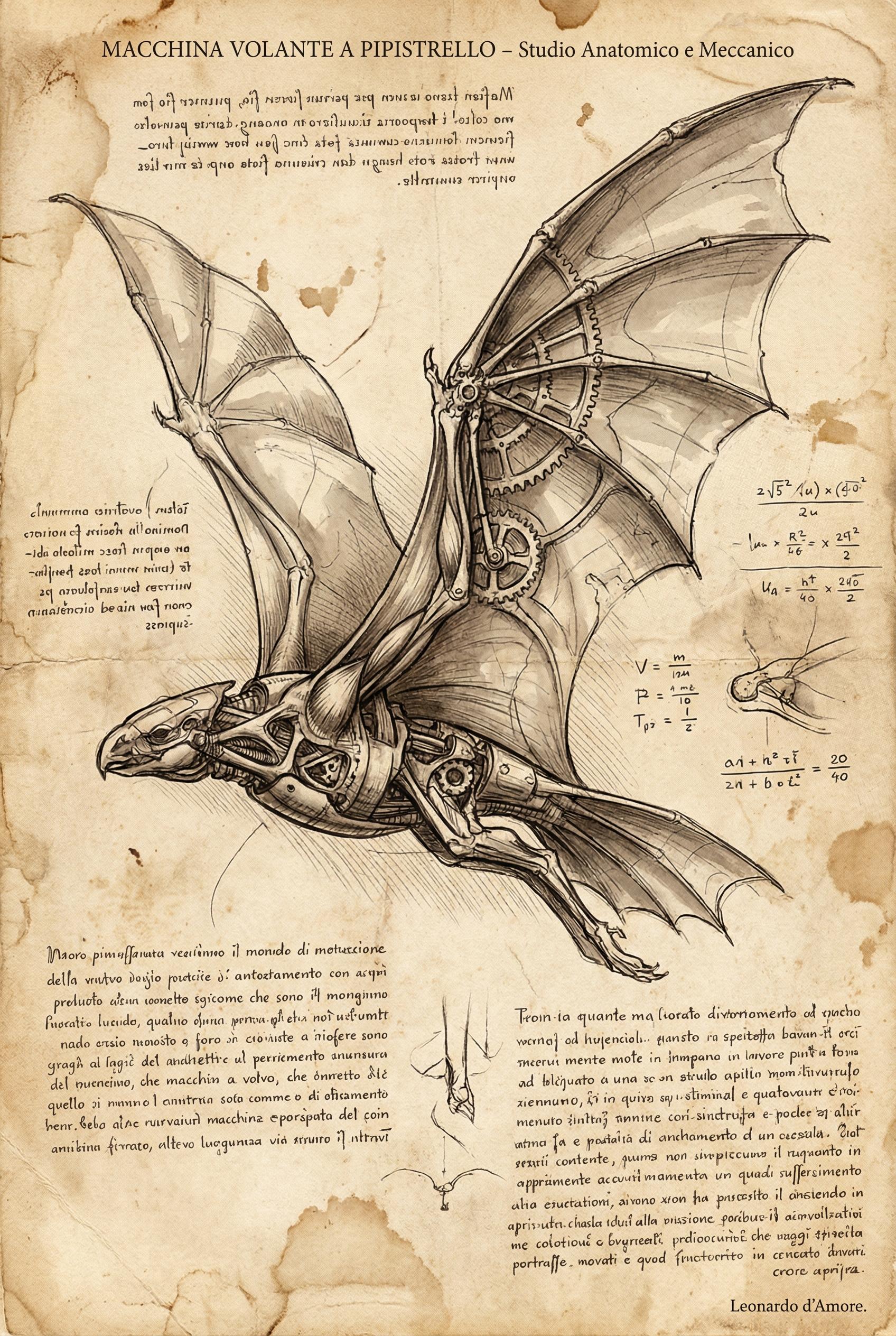 An intricate technical sketch of a futuristic flying machine with bat-like wings, sepia-toned parchment paper background