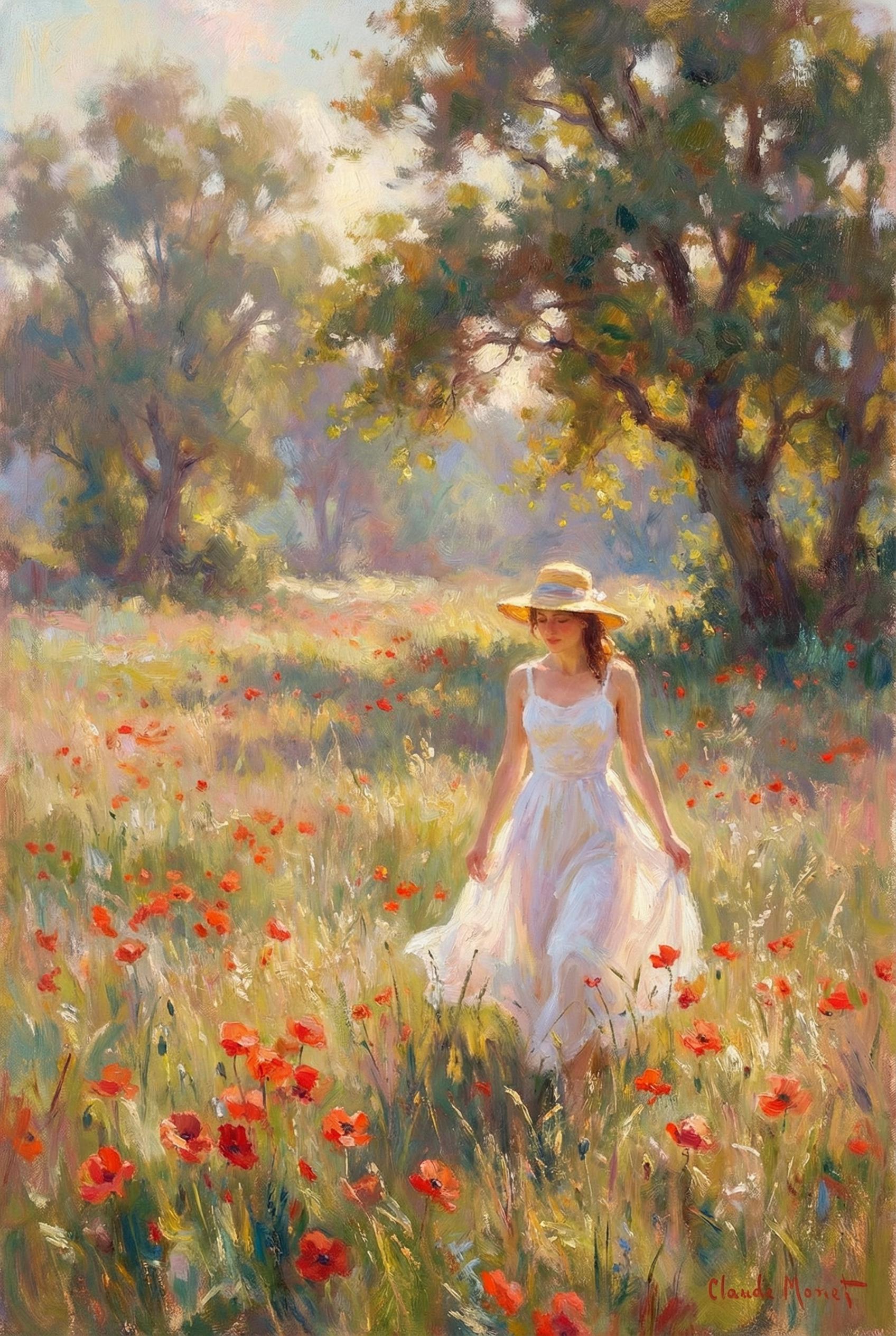 A portrait of a woman in a white summer dress walking through a field of red poppies, dappled sunlig