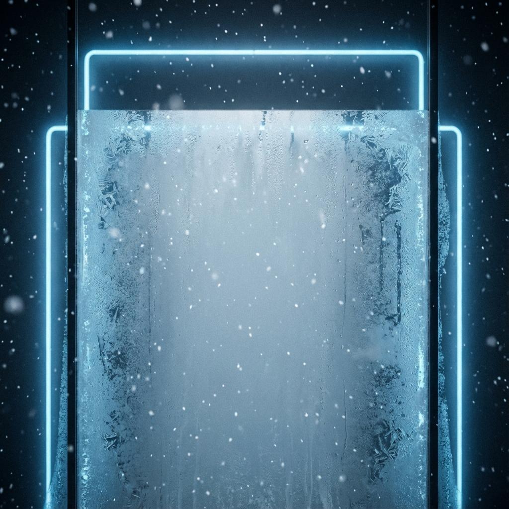 Winter sale banner background, frosty glass textures, soft snow particles, premium minimal compositi