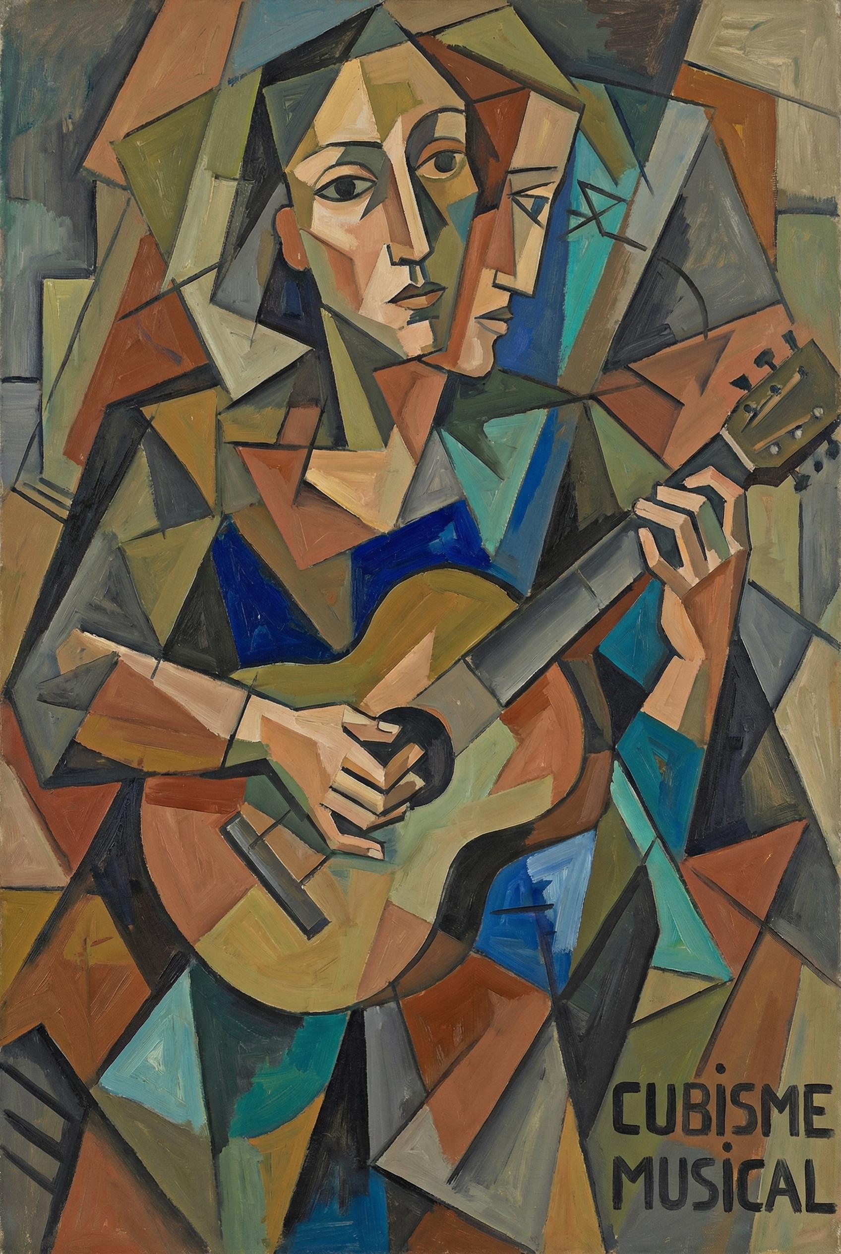 A fragmented geometric composition of a musician playing a guitar, multiple perspectives shown simultaneously, sharp ang