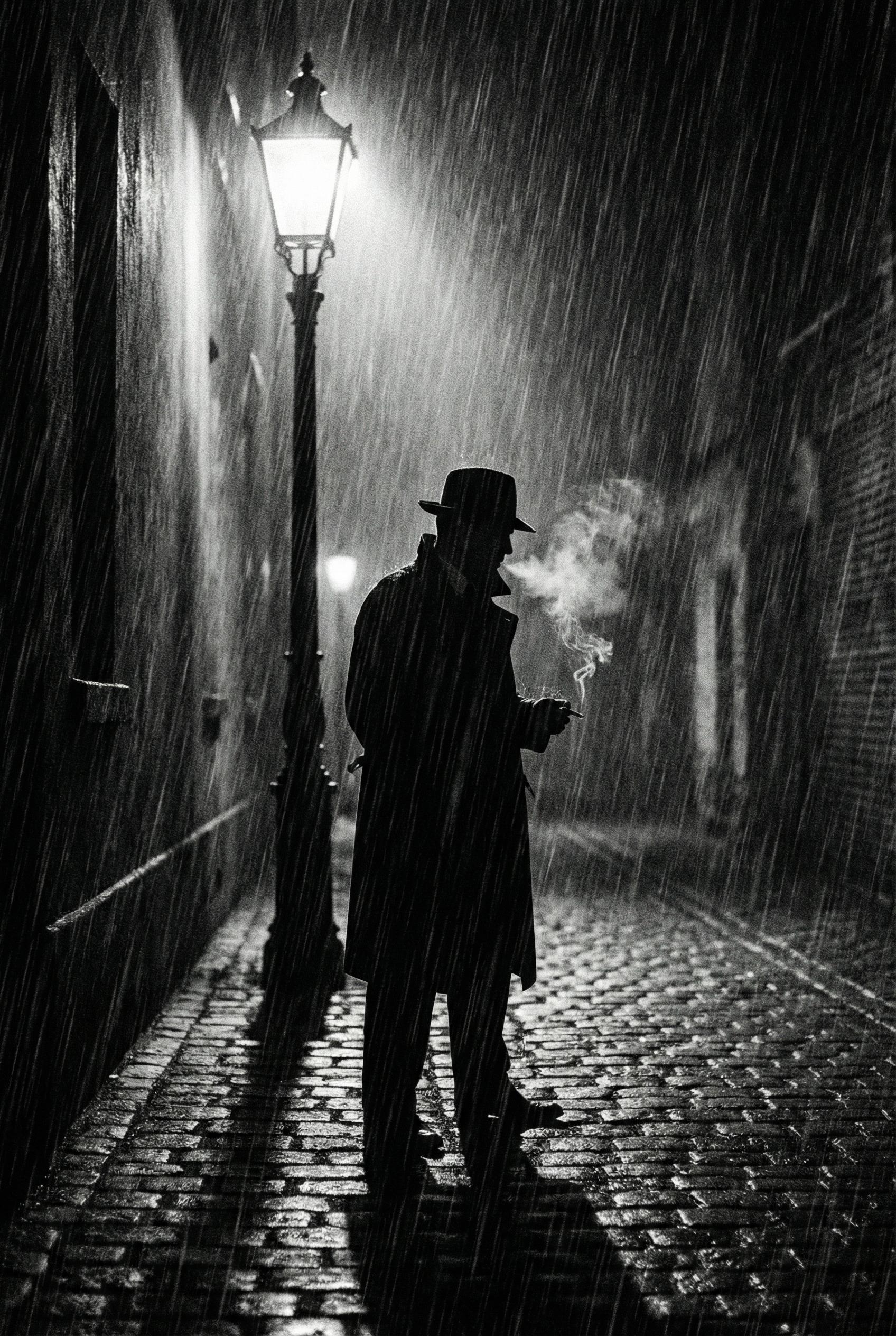A silhouette of a detective standing under a streetlamp in heavy rain, long trench coat, fedora hat, dramatic high-contr