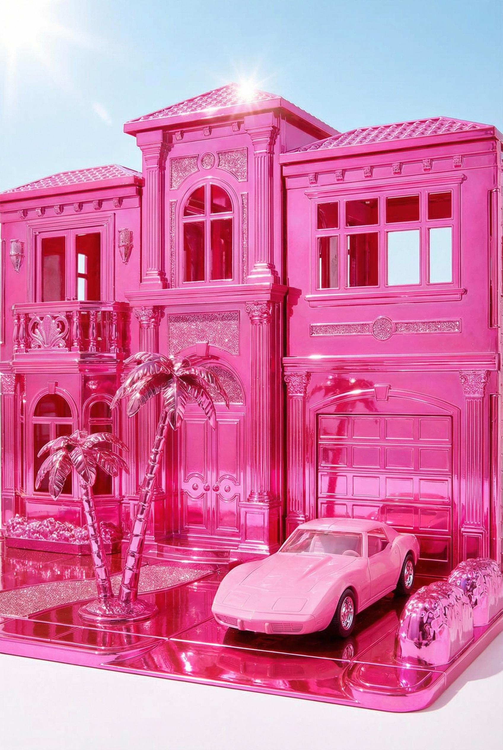 A glamorous fashion doll house exterior, hot pink plastic texture, palm trees, a pink convertible car in the driveway, b