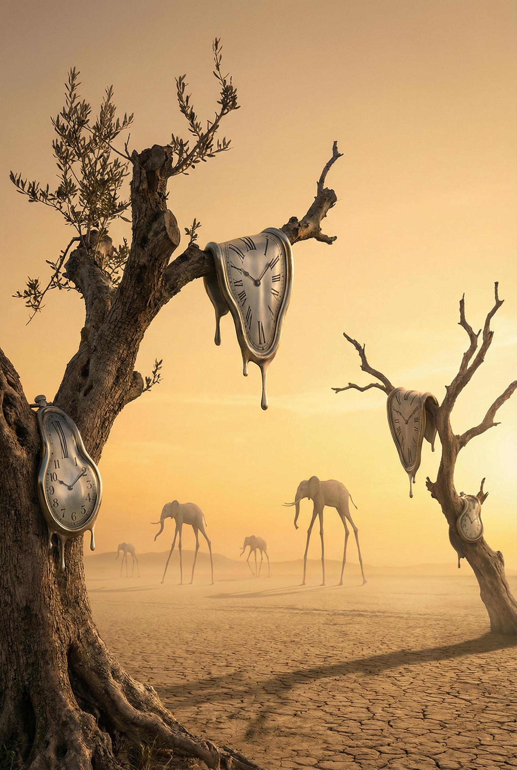 A vast barren desert landscape with melting pocket watches draped over dead olive trees, long-legged elephants walking i