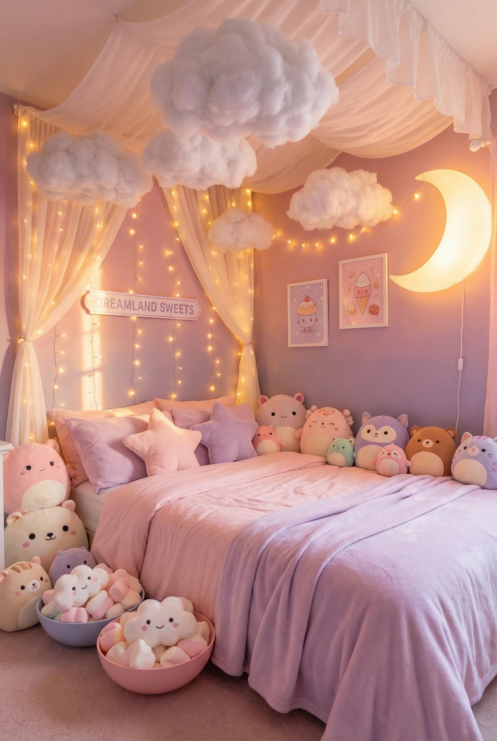 A dreamy bedroom interior with fluffy clouds floating near the ceiling, soft pastel pink and lavender color palette, mar