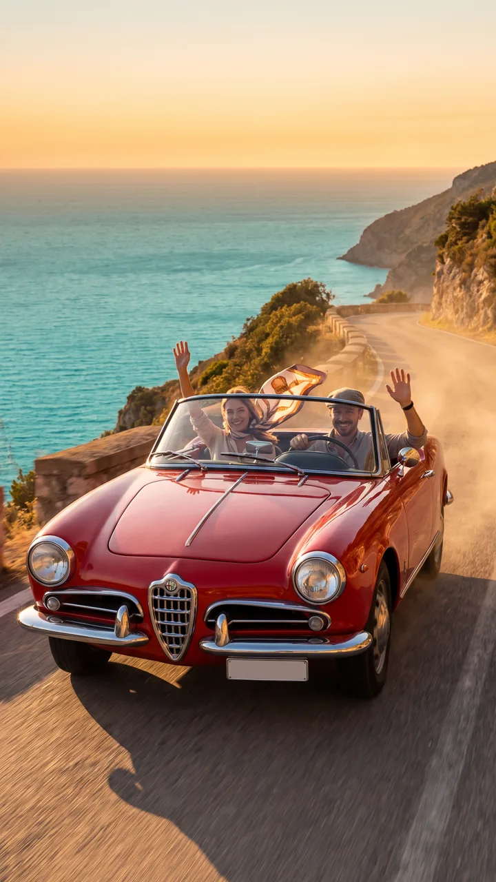 Source photo of a red vintage convertible on a coastal road at sunset