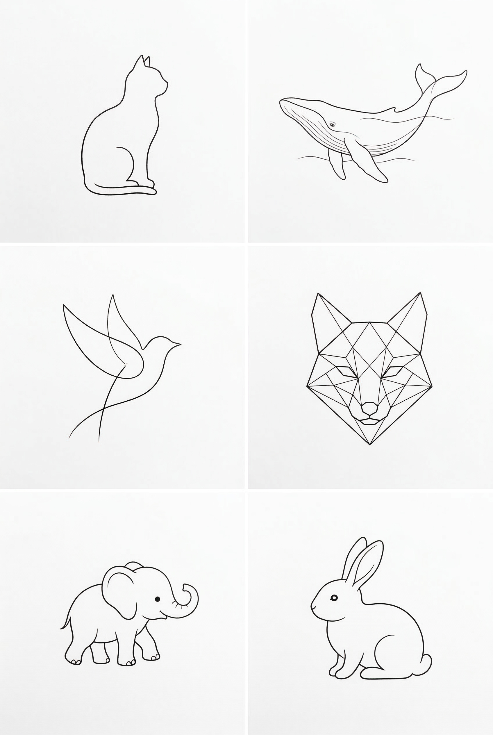A clean 2x3 grid layout of 6 minimalist animal tattoo designs on a ...