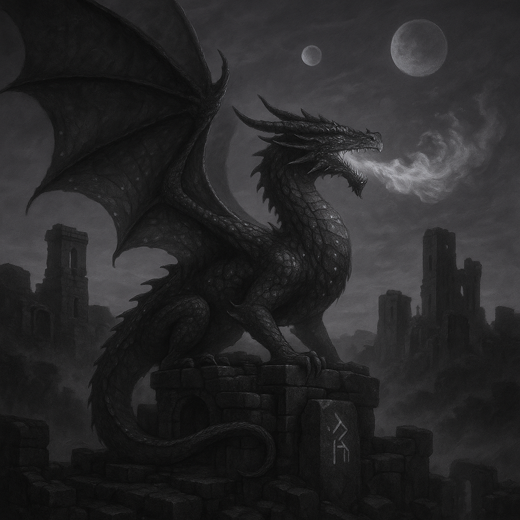Majestic dragon perched on ancient stone ruins at sunset, massive wings ...